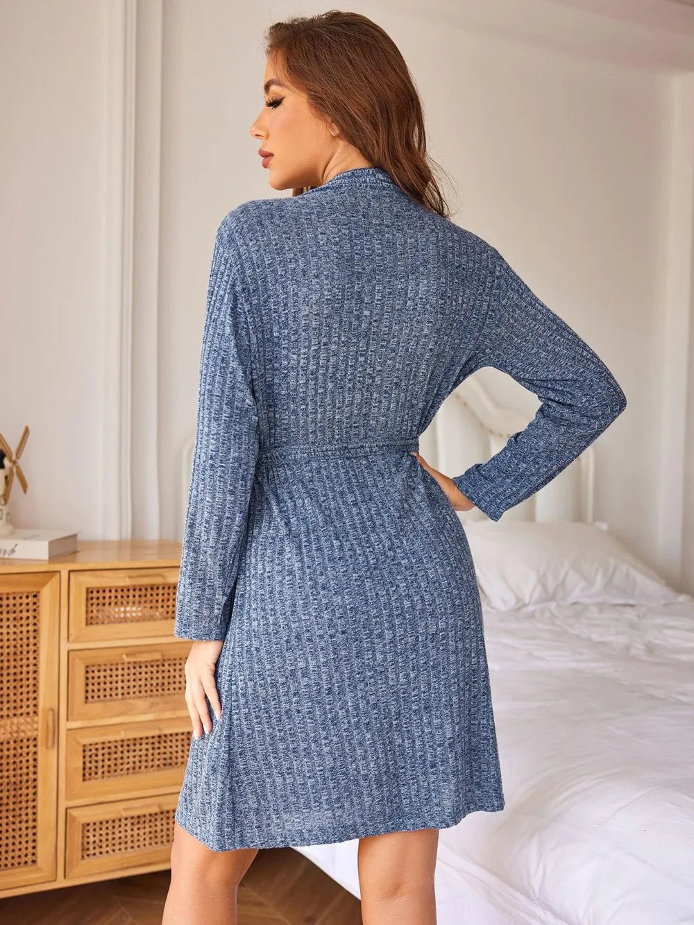 Women's home wear sleeping robe knitted pit stripe ribbed bathrobe elastic pocket knee length robe