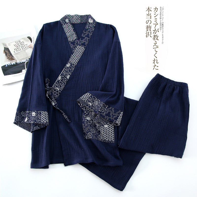 Cotton Gauze Chinese-Style Pyjama Set | Three-Quarter Sleeve Top & Wide-Leg Trousers