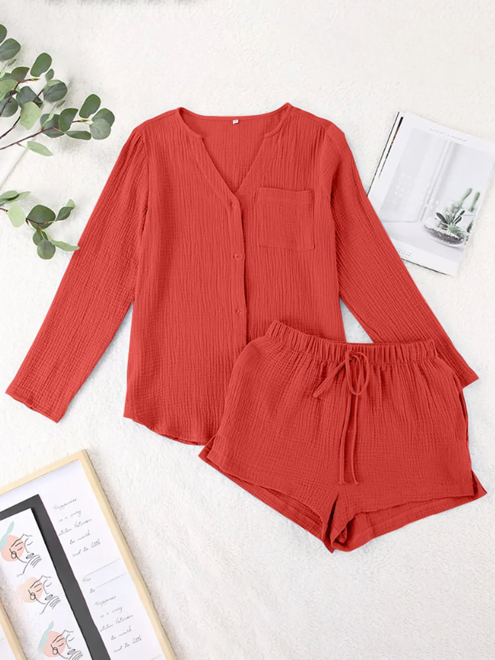 Pure Cotton Gauze Summer Pyjama Set | Button-Down Top & Shorts