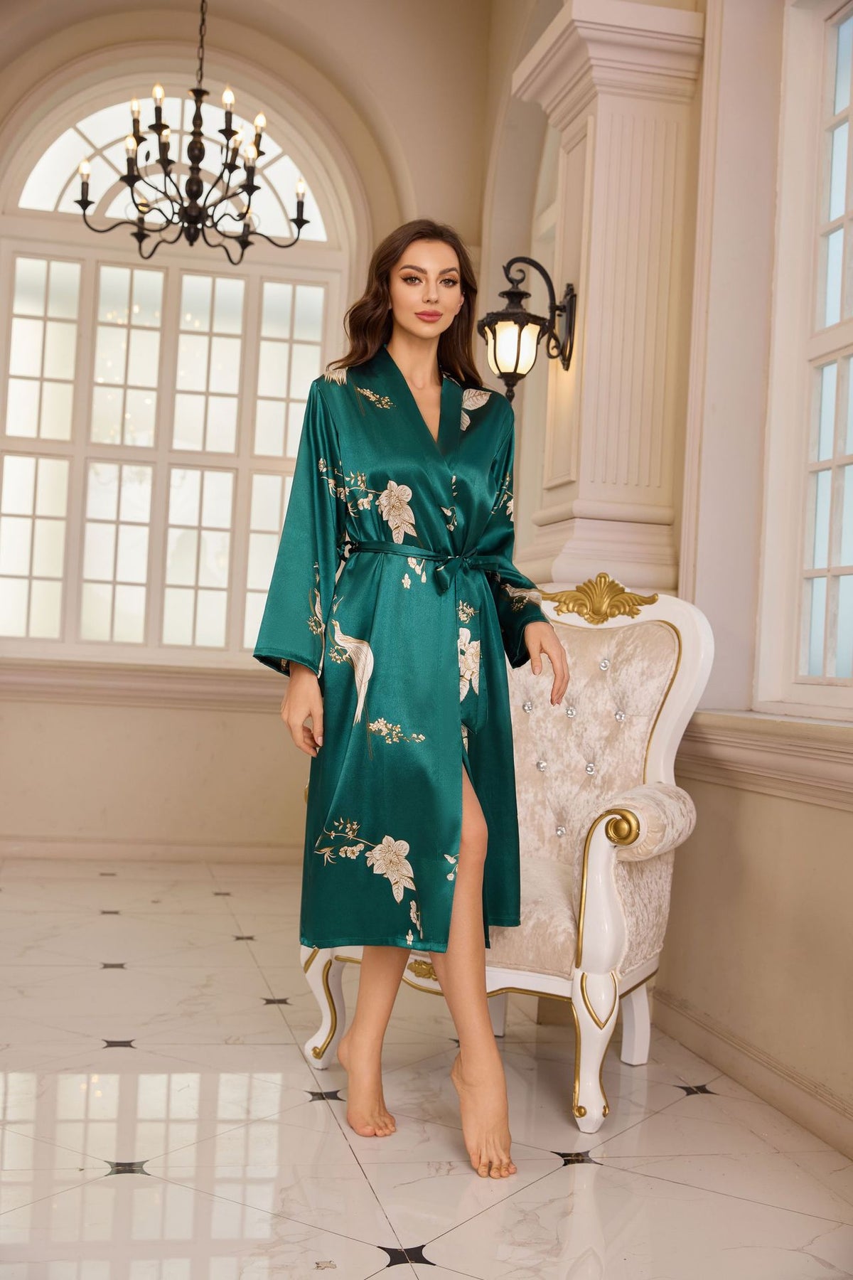 Luxury Ice Silk Robe for Women, Hotel-Style Tie-Up Bathrobe, Summer Breathable Lightweight Printed Long Sleeve Nightgown