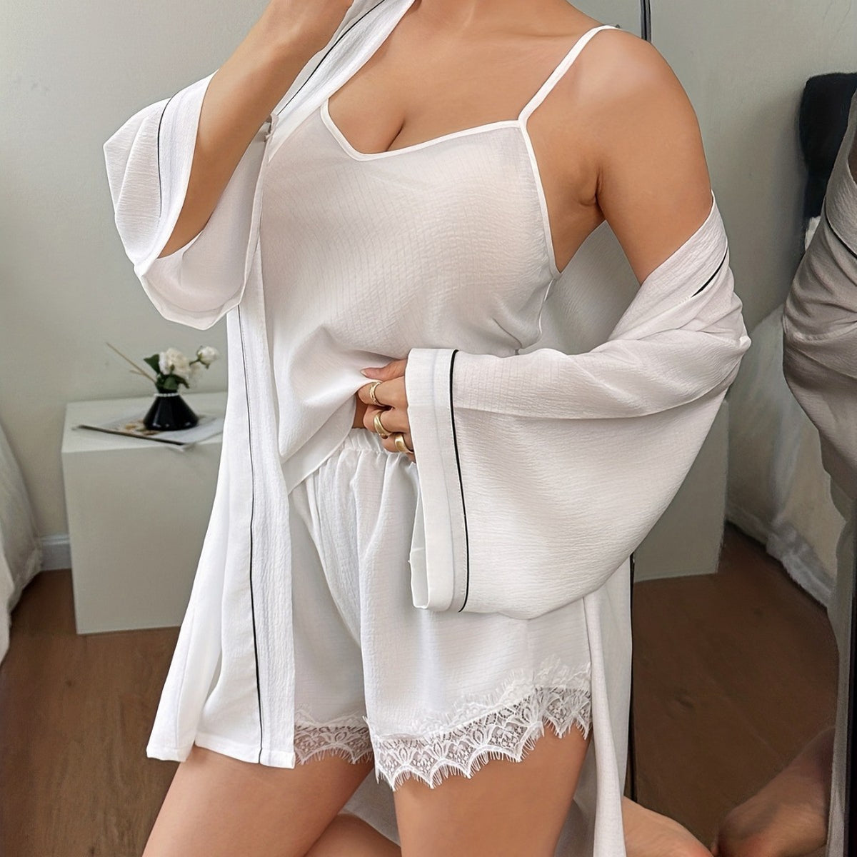 Bubbly Fabric Long Robe Three-Piece Set Summer Lightweight Simple Home Wear Two-Piece Set Women's Sexy Open Front Bathrobe