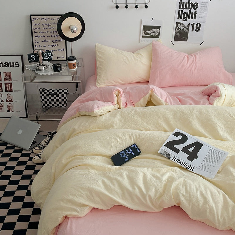 Japanese Solid Color Double Spliced Washed Cotton Four-Piece Set Minimalist Style Quilt Cover Bed Sheet Fitted Sheet Dormitory Bedding Three-Piece Set Wholesale