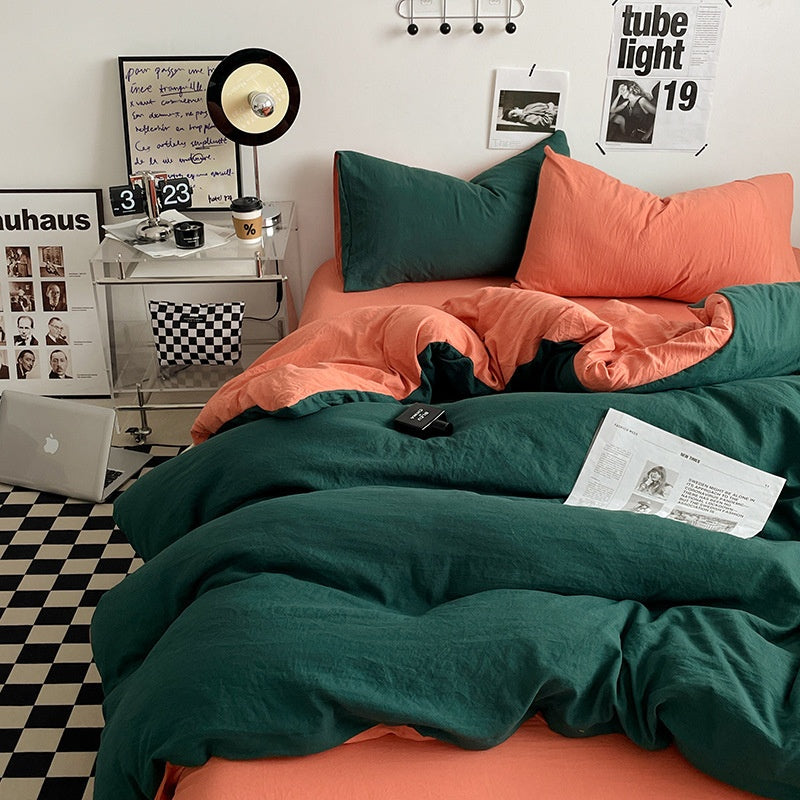Japanese Solid Color Double Spliced Washed Cotton Four-Piece Set Minimalist Style Quilt Cover Bed Sheet Fitted Sheet Dormitory Bedding Three-Piece Set Wholesale
