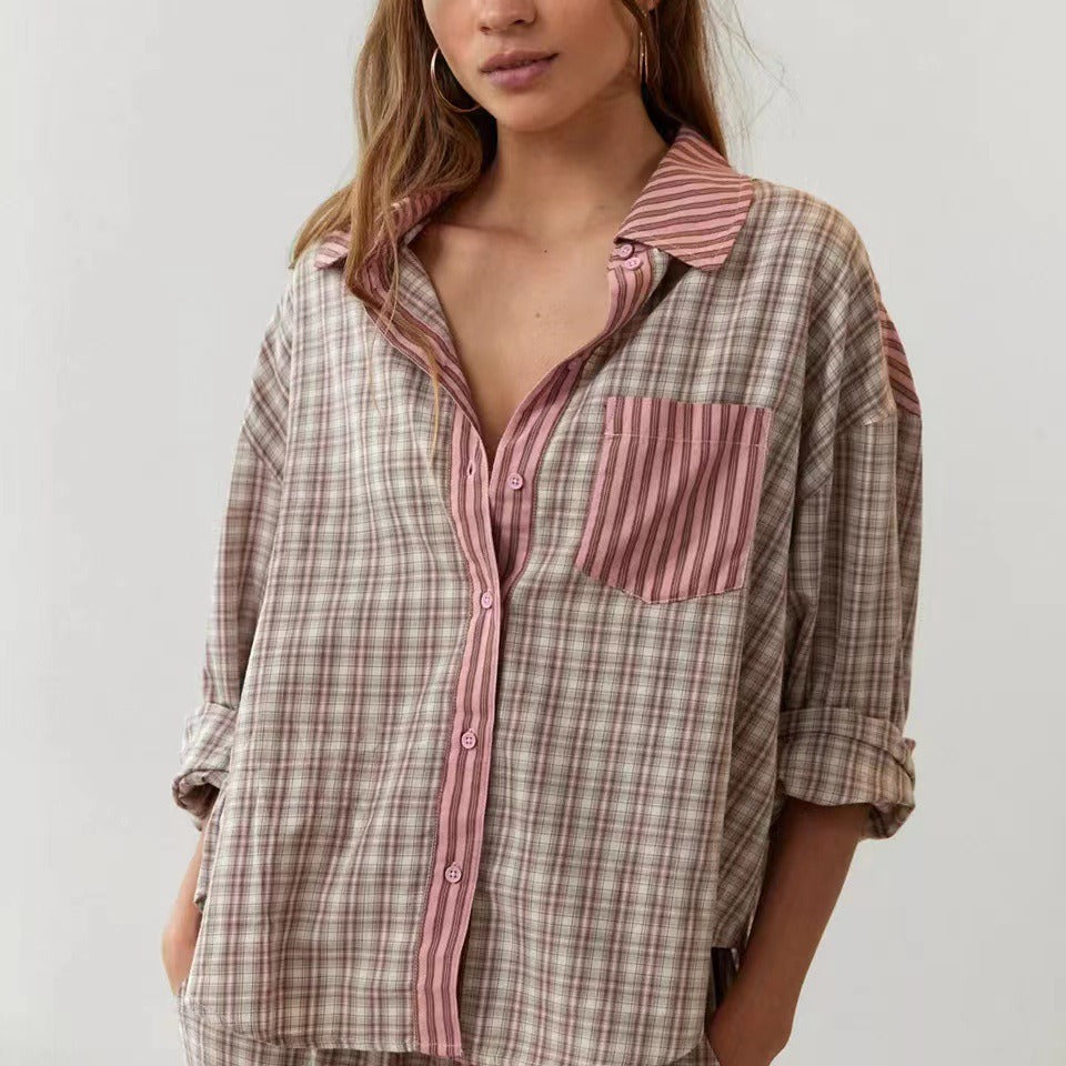 Women's casual home wear plaid shirt set pajamas long sleeved