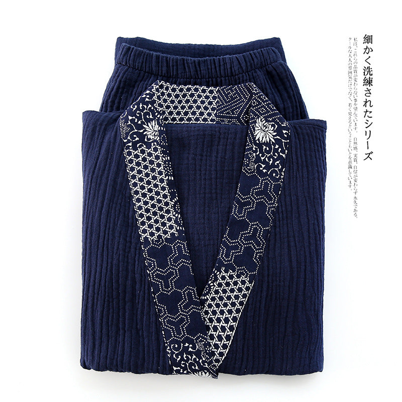 Cotton Gauze Chinese-Style Pyjama Set | Three-Quarter Sleeve Top & Wide-Leg Trousers