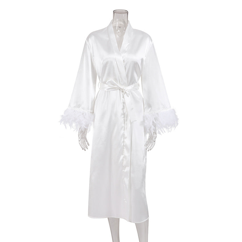 Fashionable Spring Summer Women's Open Front Feather Satin Robe Loose Long  Bathrobe Home Wear