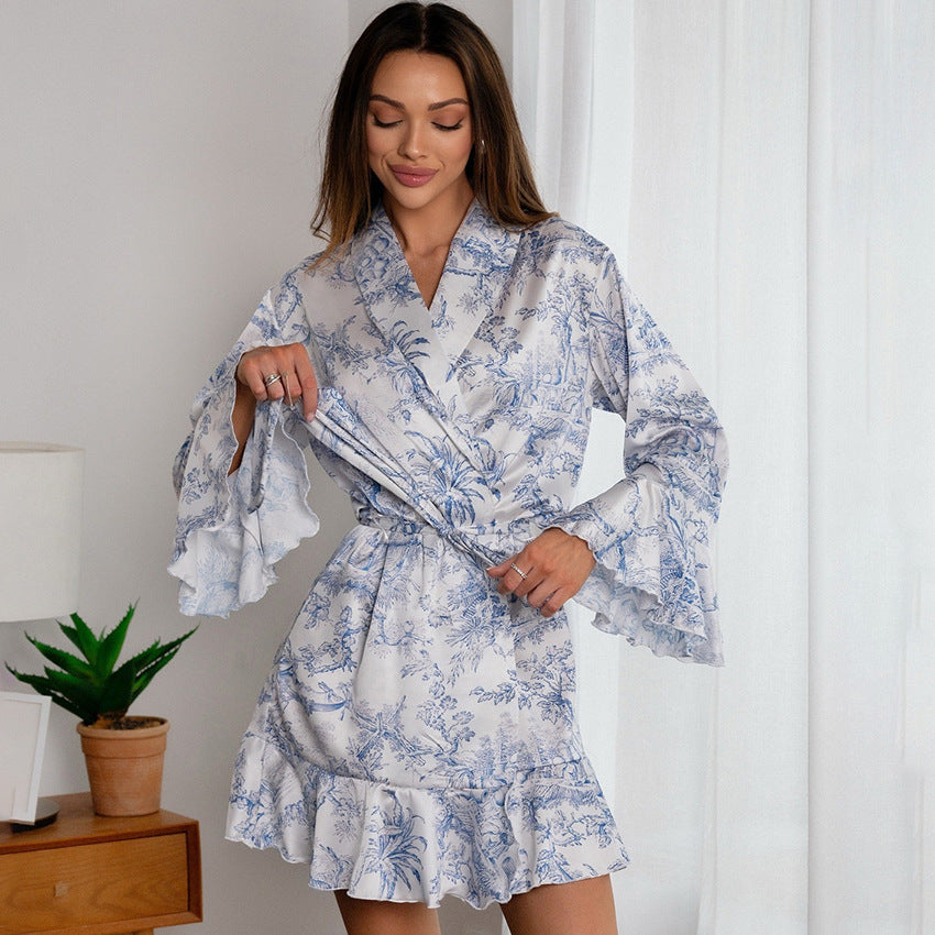 Lotus leaf edge long sleeved bathrobe autumn and winter pajamas satin nightgown fashionable women's home clothes