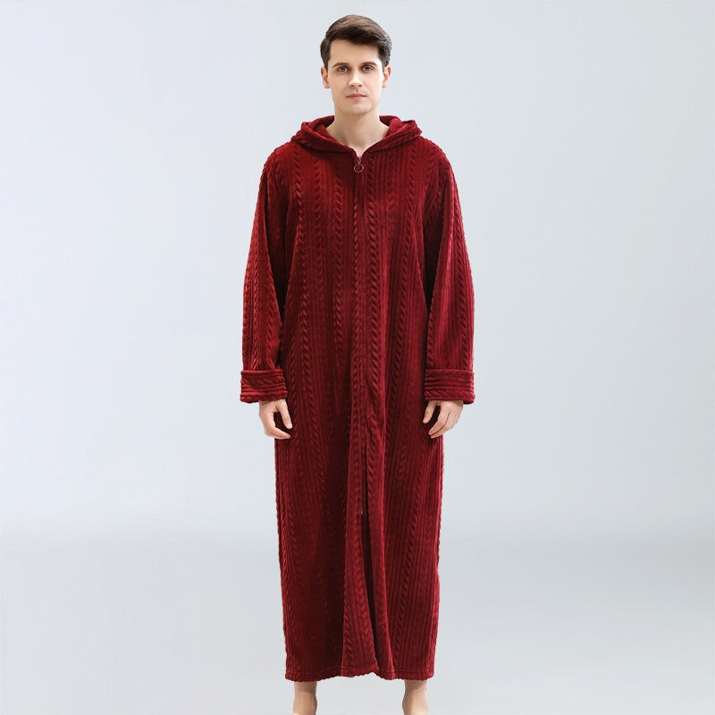 Men's Plus Fat Plus Home Clothes Winter Flannel Pajamas Plus Velvet Zipper With Hooded Bathrobe Nightgown