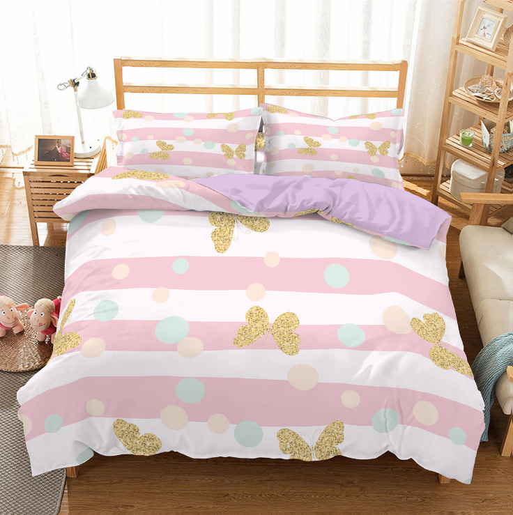 3D Butterfly Print Bedding Set | Princess Stripe Duvet Cover | Sultryrich