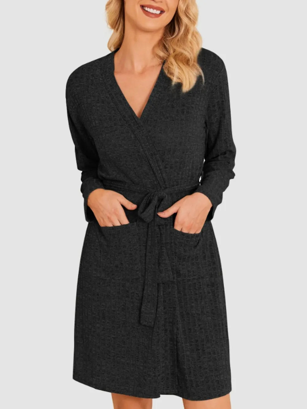 Women's home wear sleeping robe knitted pit stripe ribbed bathrobe elastic pocket knee length robe