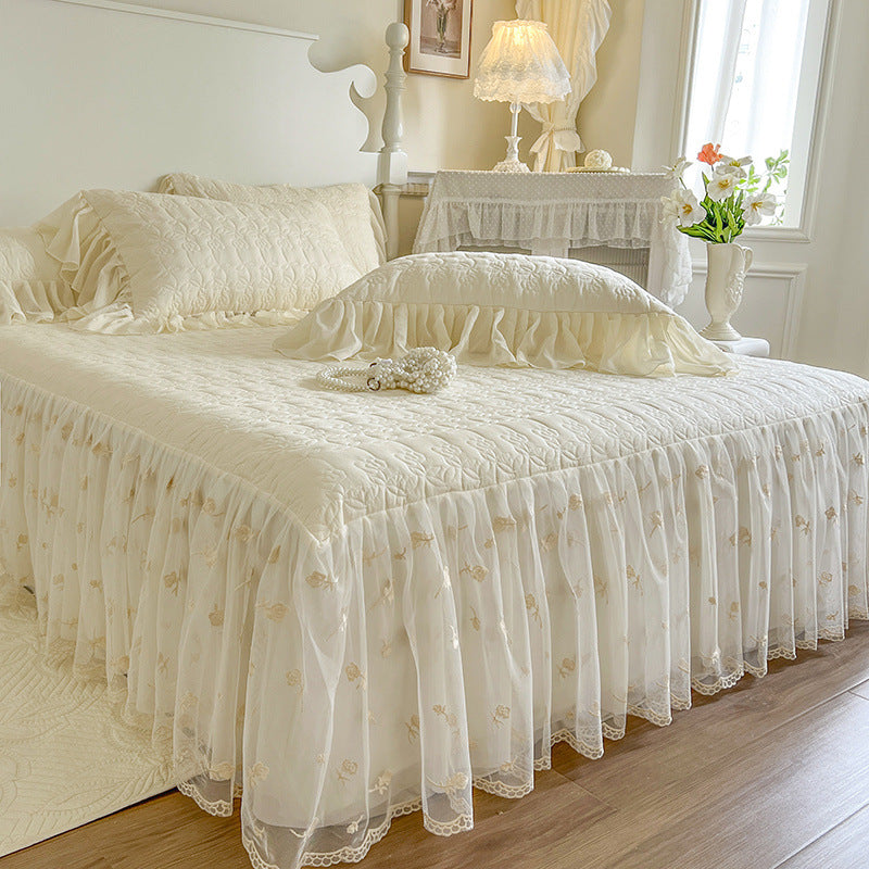 Lace rose embroidery all cotton four piece set pure cotton bed with cotton clip bed skirt duvet cover