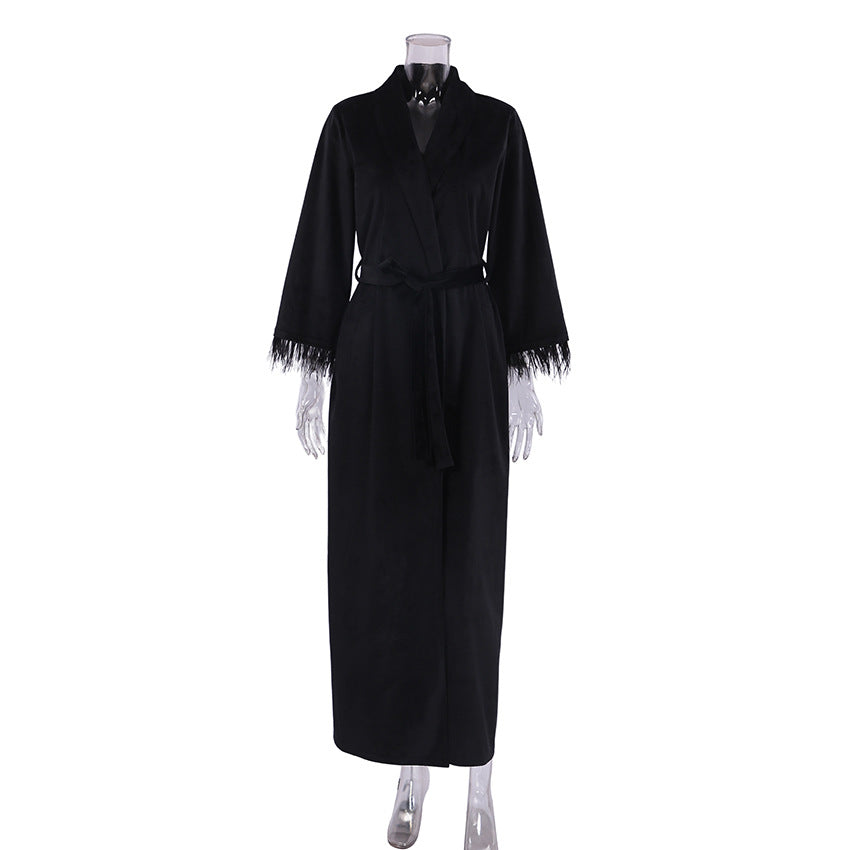 Spring SummerKnitted Feather Robe Long Length Velvet Warm Sleepwear Women's Home Black Long Sleeve Bathrobe Open Front