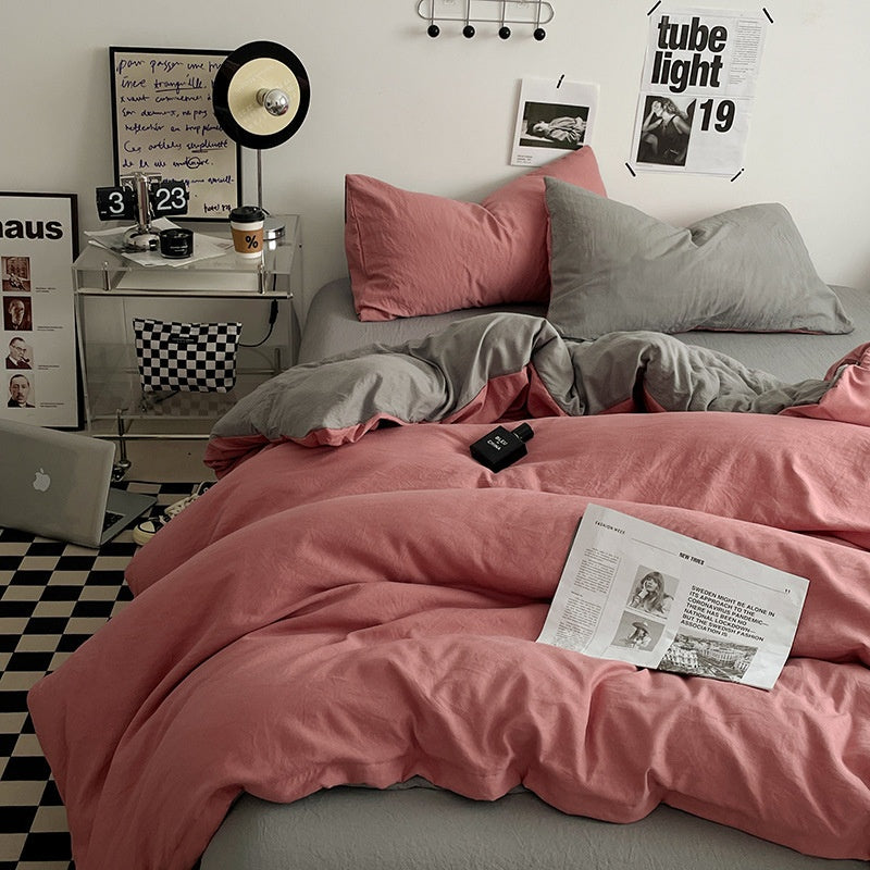 Japanese Solid Color Double Spliced Washed Cotton Four-Piece Set Minimalist Style Quilt Cover Bed Sheet Fitted Sheet Dormitory Bedding Three-Piece Set Wholesale