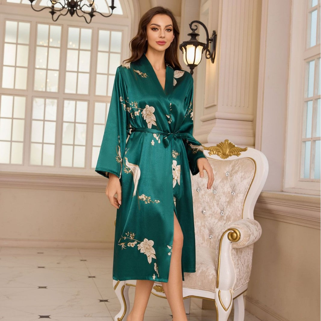 Luxury Ice Silk Robe for Women, Hotel-Style Tie-Up Bathrobe, Summer Breathable Lightweight Printed Long Sleeve Nightgown