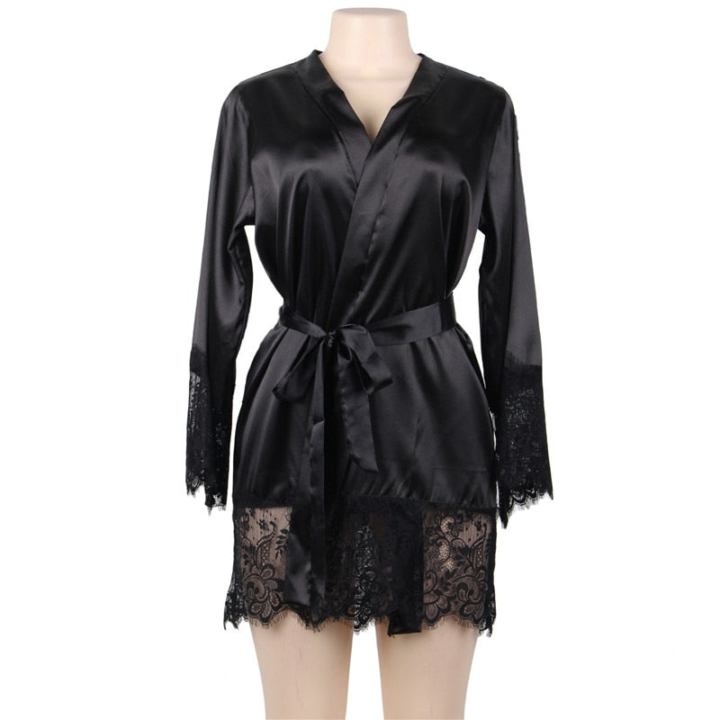 Newest Silk Robe Long Sleeves Lingerie Gowns Lace Patchwork Short Kimono Sexy Bride Robes Wedding
