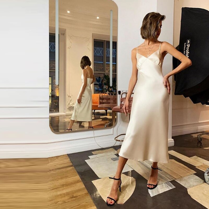 Women Satin Deep Sexy Dress Solid Straight Pajamas Party Dress
