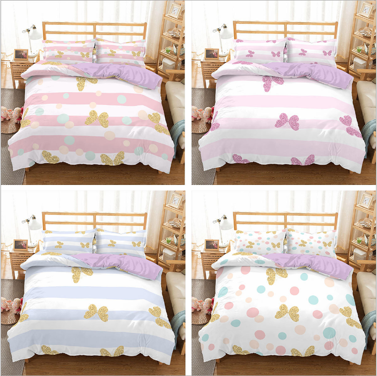 3D Butterfly Print Bedding Set | Princess Stripe Duvet Cover | Sultryrich