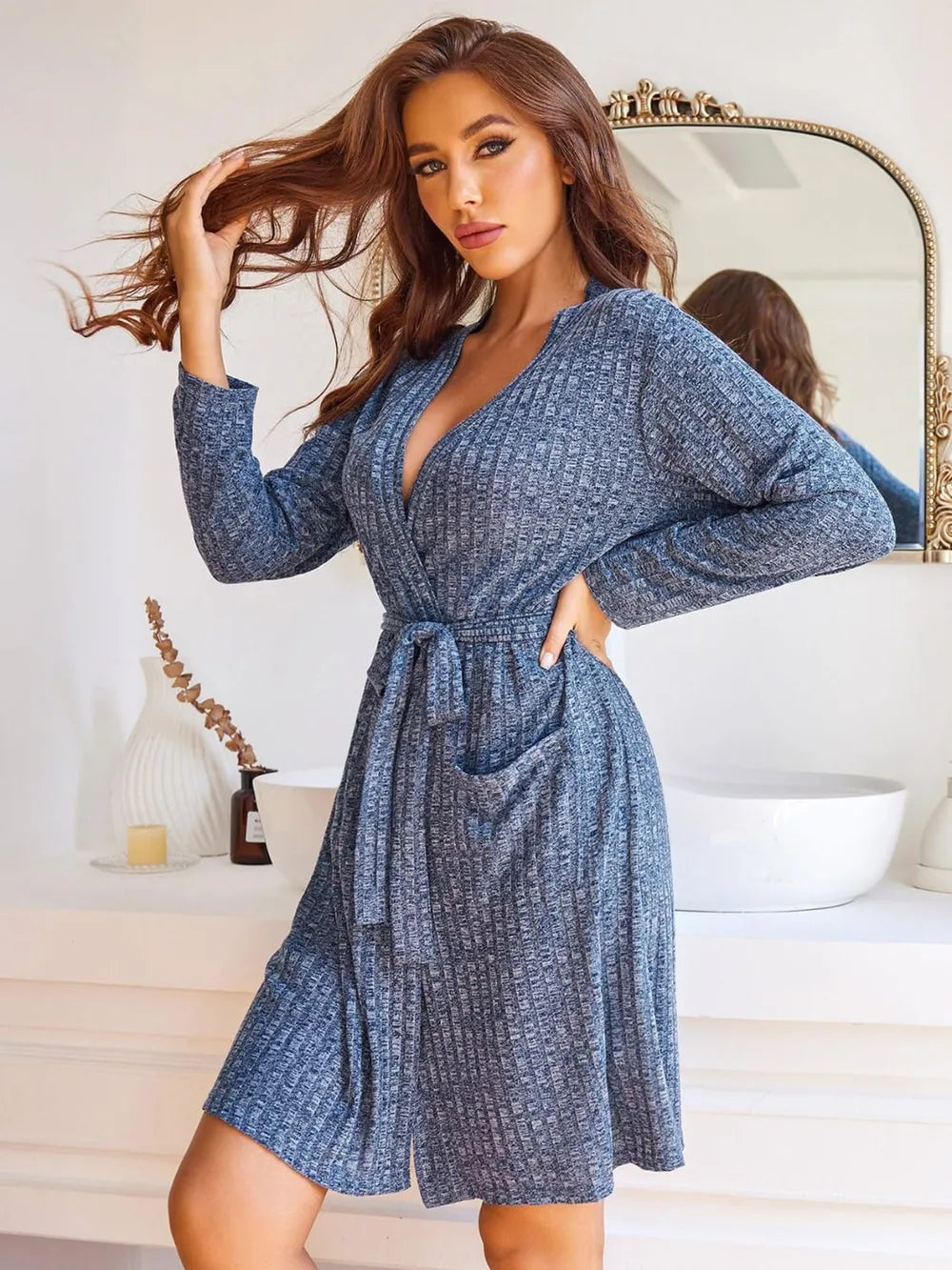 Women's home wear sleeping robe knitted pit stripe ribbed bathrobe elastic pocket knee length robe