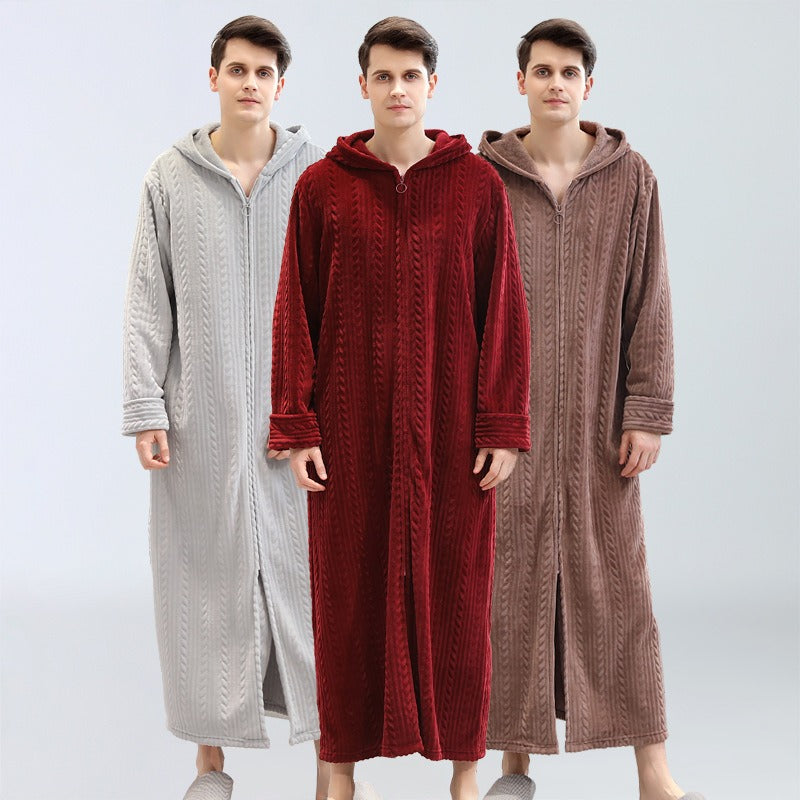 Men's Plus Fat Plus Home Clothes Winter Flannel Pajamas Plus Velvet Zipper With Hooded Bathrobe Nightgown