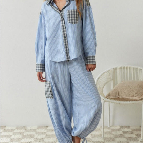 Women's casual home wear plaid shirt set pajamas long sleeved