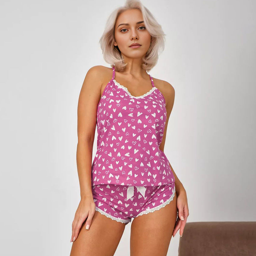 Heart Print Knit Pyjama Set | Lace Cami & Shorts | Sultryrich