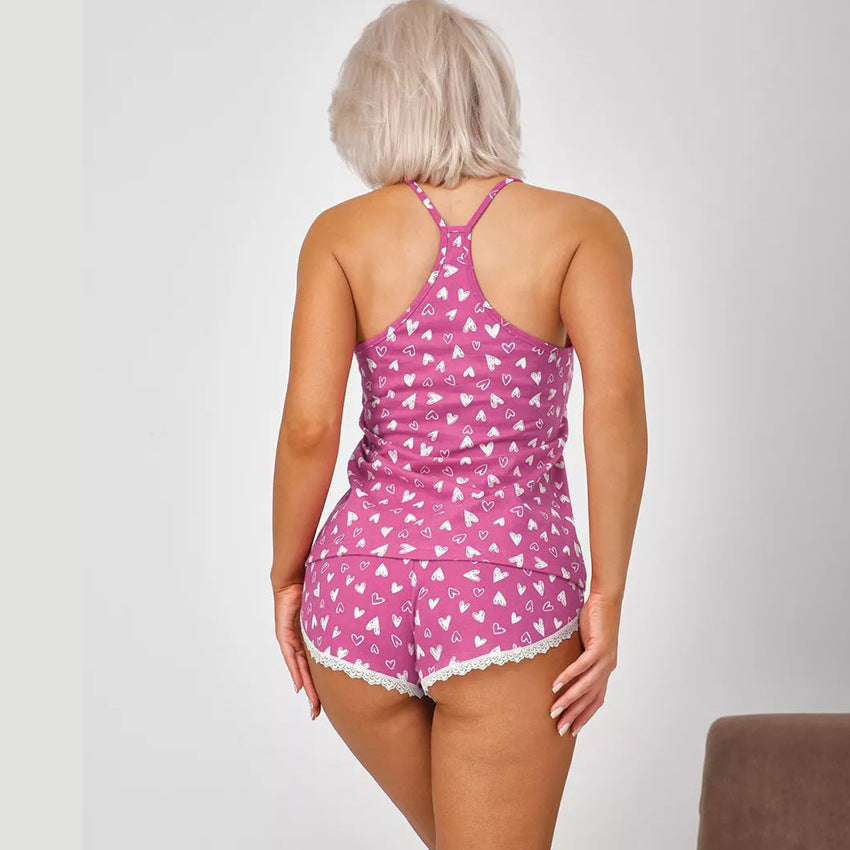 Heart Print Knit Pyjama Set | Lace Cami & Shorts | Sultryrich