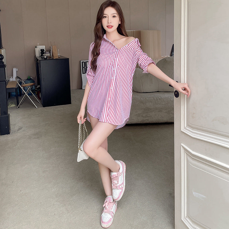 White shirt women's mid length  women's striped shirt sexy pajamas loose fitting spring and autumn
