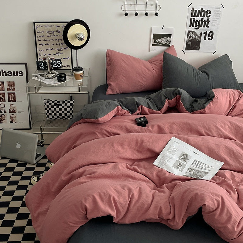 Japanese Solid Color Double Spliced Washed Cotton Four-Piece Set Minimalist Style Quilt Cover Bed Sheet Fitted Sheet Dormitory Bedding Three-Piece Set Wholesale