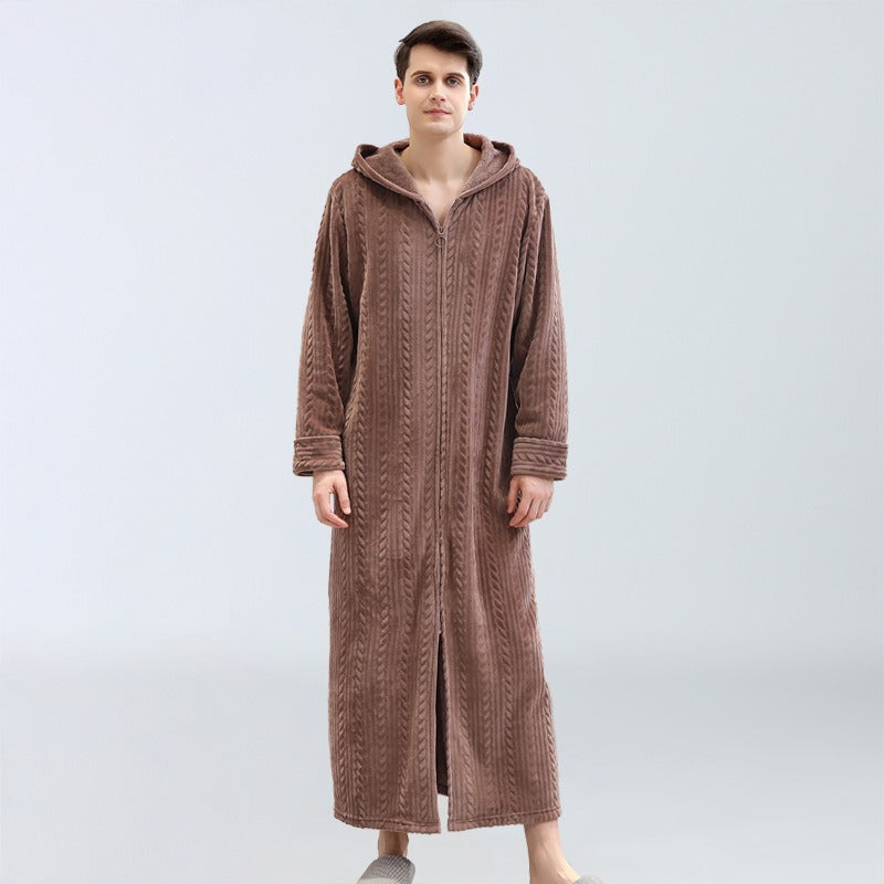 Men's Plus Fat Plus Home Clothes Winter Flannel Pajamas Plus Velvet Zipper With Hooded Bathrobe Nightgown