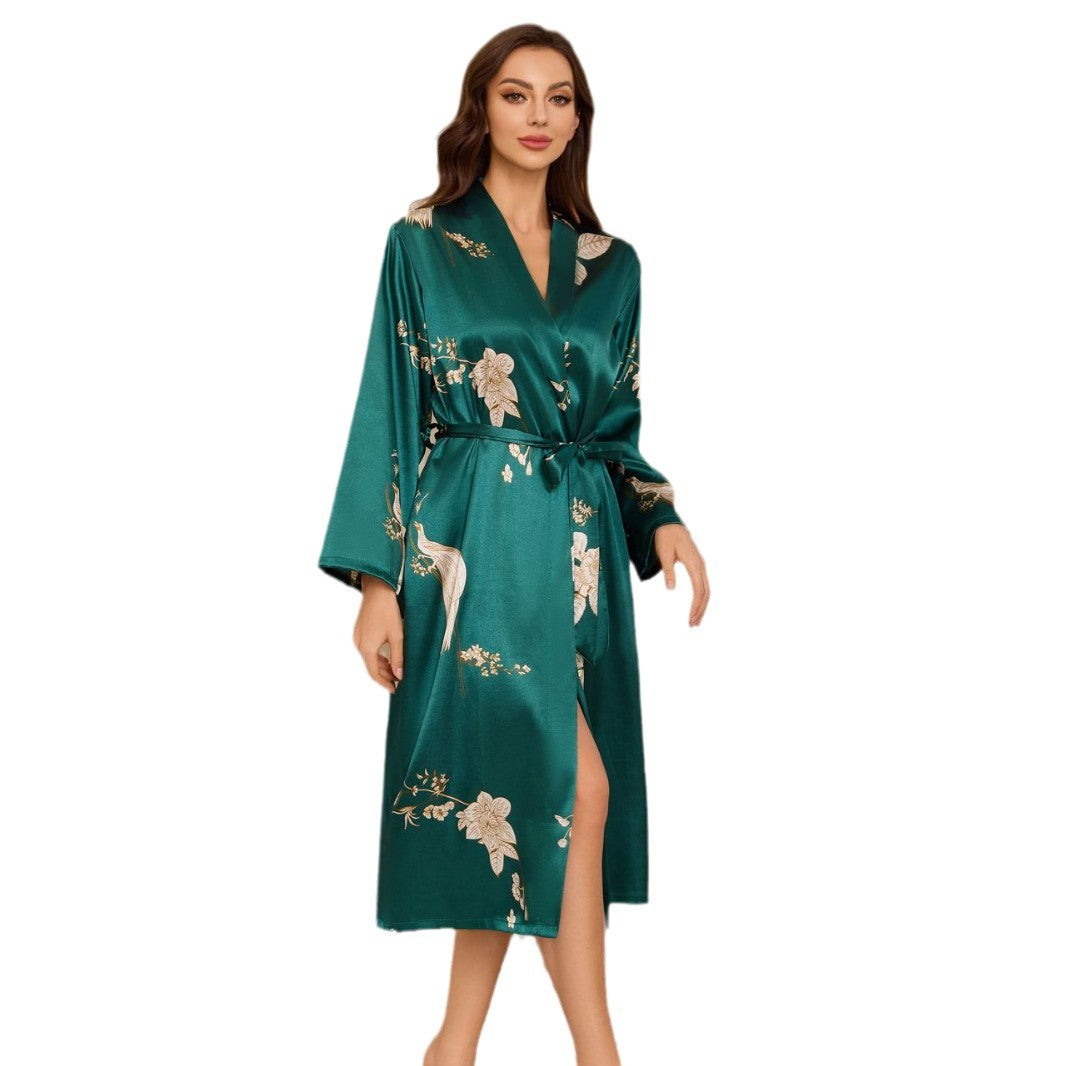 Luxury Ice Silk Robe for Women, Hotel-Style Tie-Up Bathrobe, Summer Breathable Lightweight Printed Long Sleeve Nightgown