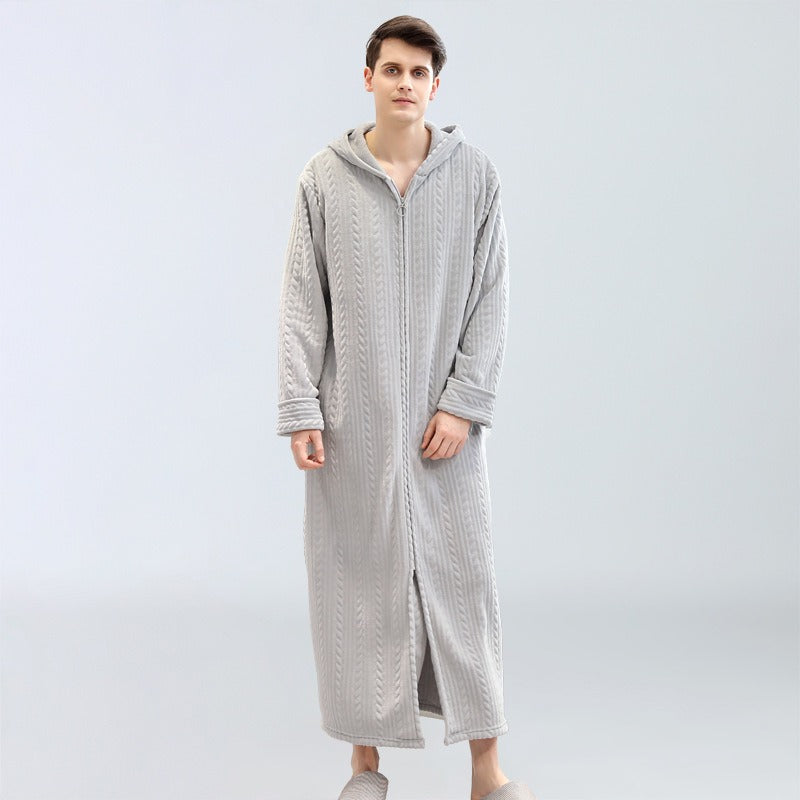Men's Plus Fat Plus Home Clothes Winter Flannel Pajamas Plus Velvet Zipper With Hooded Bathrobe Nightgown