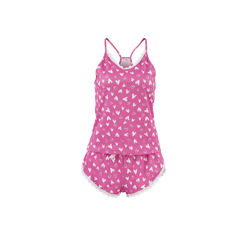 Heart Print Knit Pyjama Set | Lace Cami & Shorts | Sultryrich
