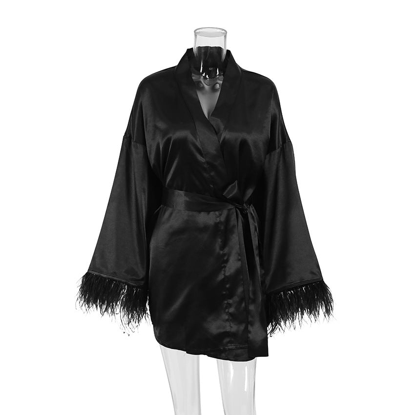 Spring Summer Long Sleeve Feather Satin Robe Open Front Sexy Bathrobe Solid Color French Casual Loungewear for Women