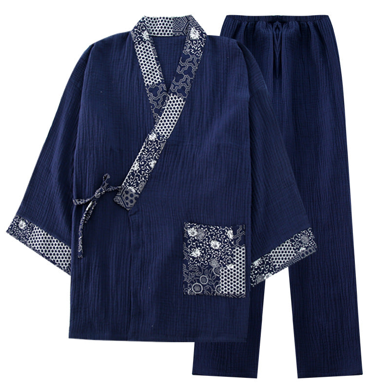 Cotton Gauze Chinese-Style Pyjama Set | Three-Quarter Sleeve Top & Wide-Leg Trousers