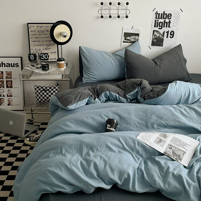 Japanese Solid Color Double Spliced Washed Cotton Four-Piece Set Minimalist Style Quilt Cover Bed Sheet Fitted Sheet Dormitory Bedding Three-Piece Set Wholesale