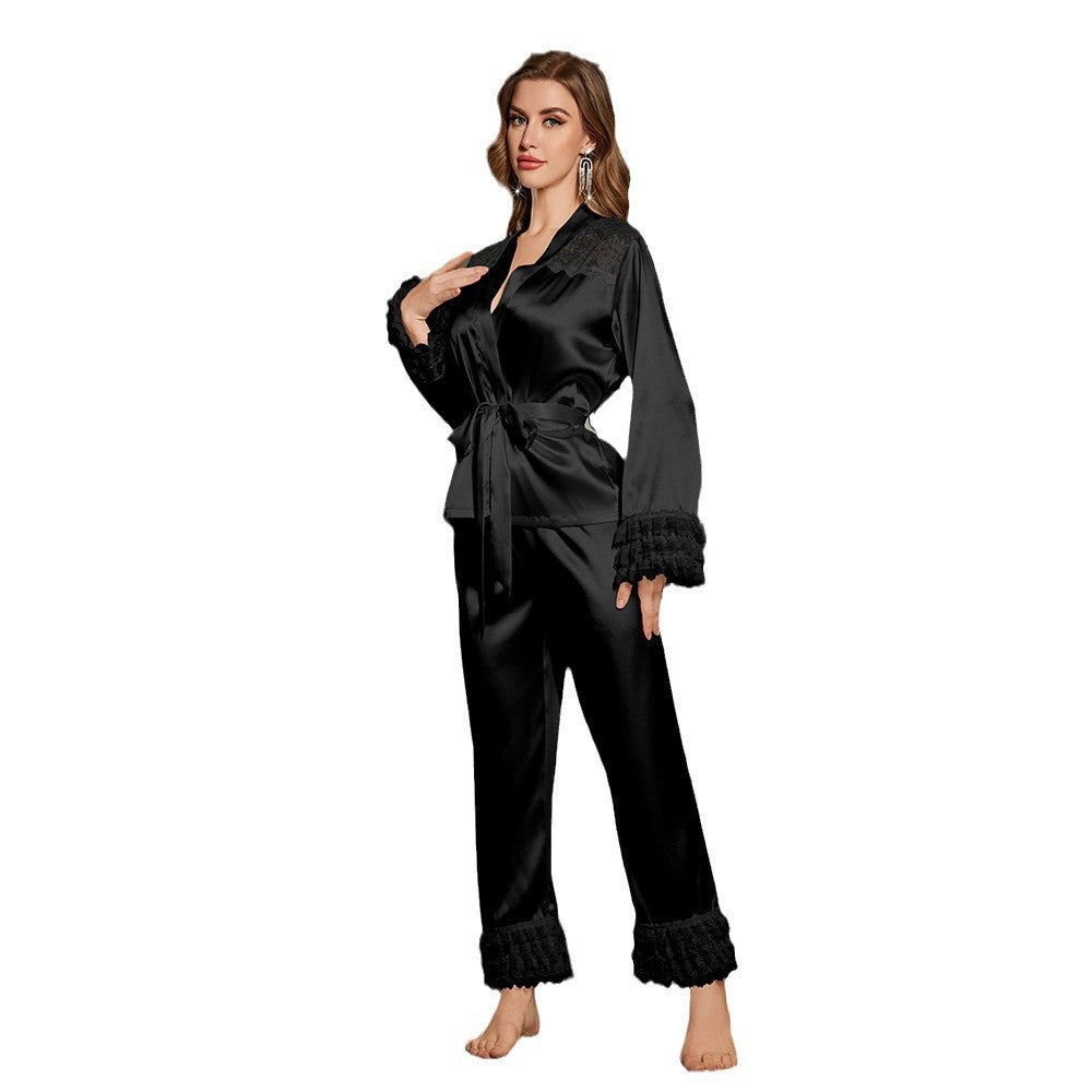 Luxury Midnight Glow New Lace Silk Satin Trim Sleeve Long Sleeve Long Pants Sleepwear Set
