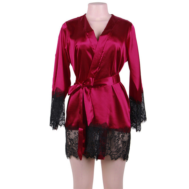 Newest Silk Robe Long Sleeves Lingerie Gowns Lace Patchwork Short Kimono Sexy Bride Robes Wedding
