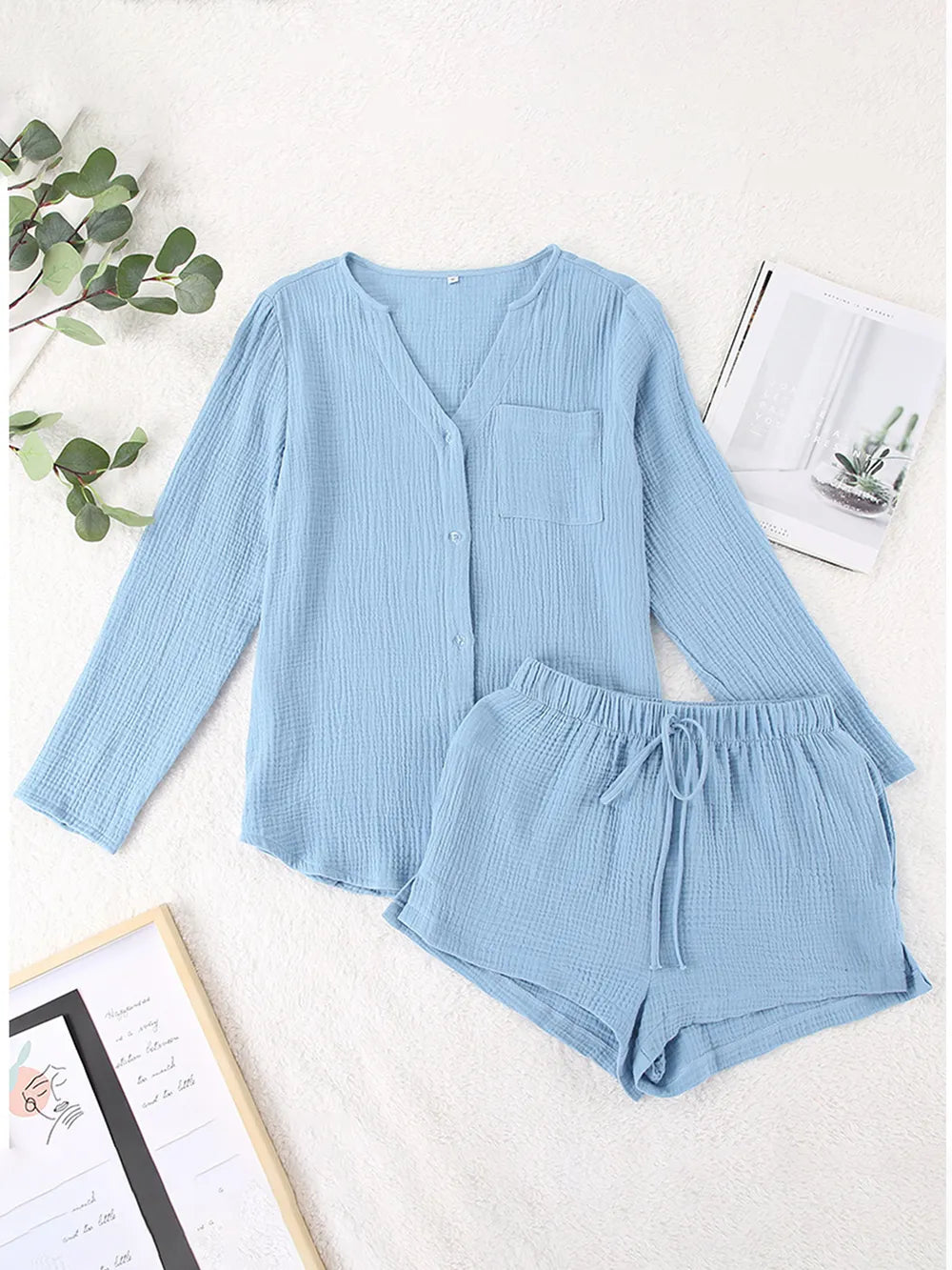 Pure Cotton Gauze Summer Pyjama Set | Button-Down Top & Shorts