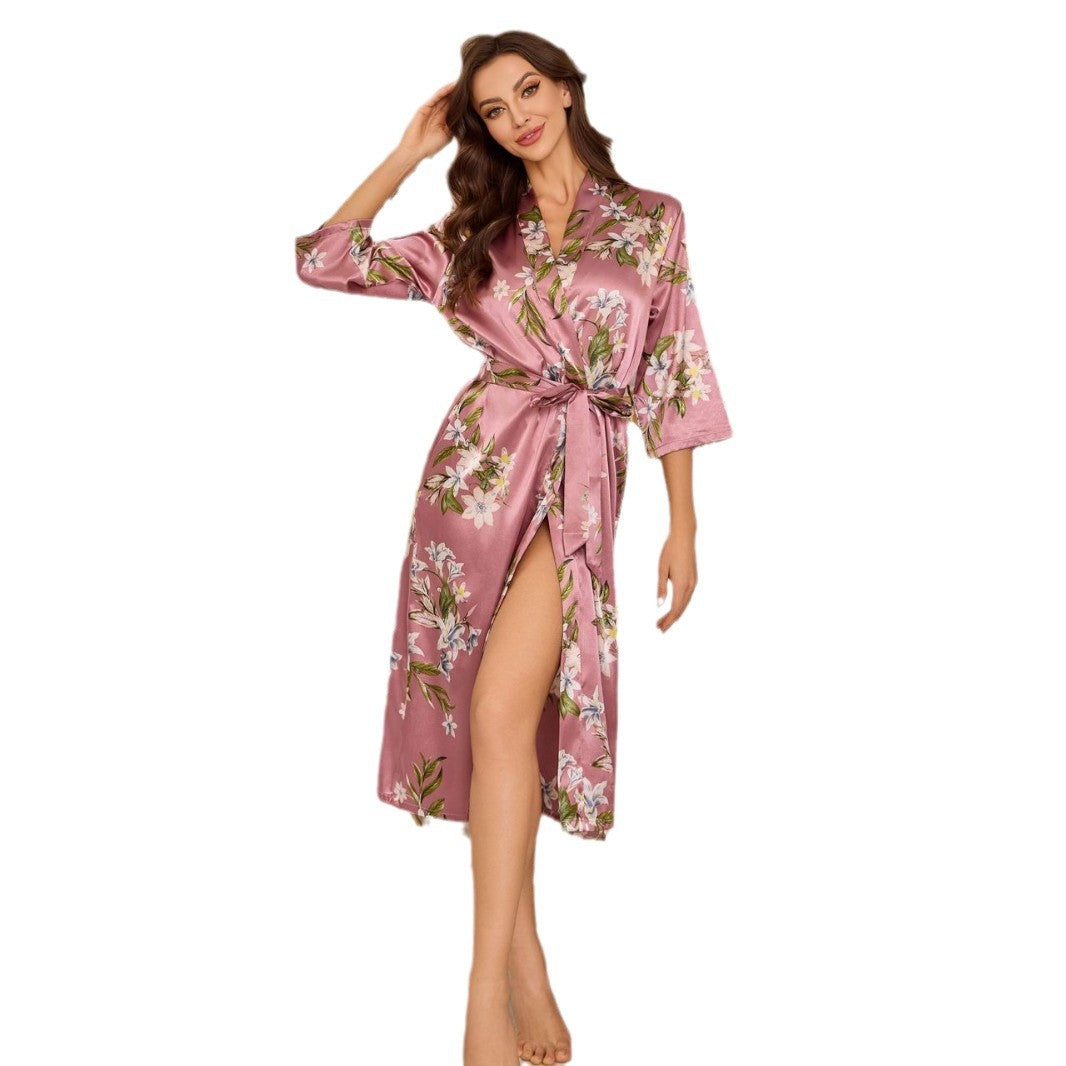 Fashionable Ice Silk Robe for Women Pink Floral Bathrobe, Summer Loose Satin Home Wear