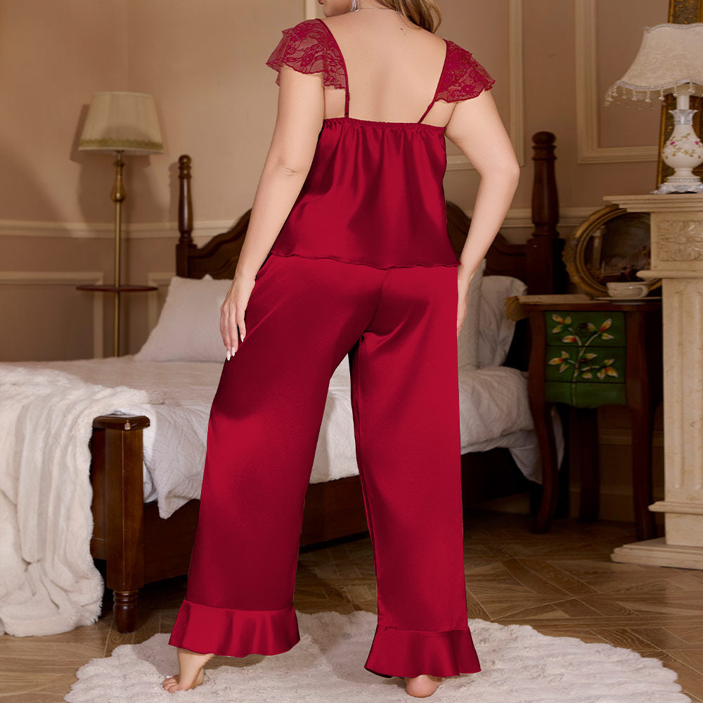 Plus Size Silk Lace Loungewear Set | V-Neck Long Trousers | Sultryrich