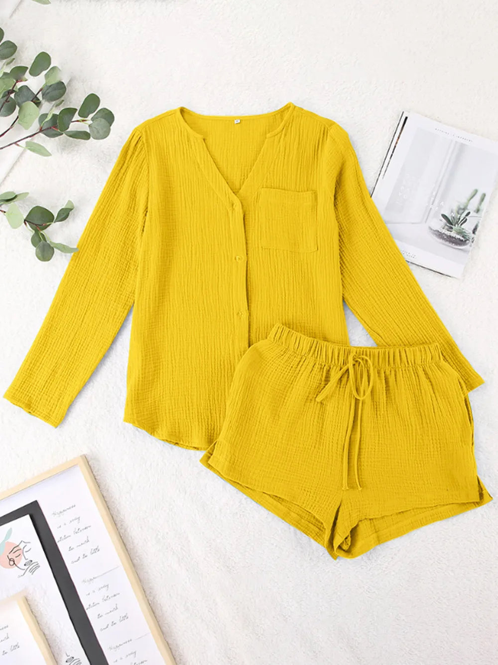Pure Cotton Gauze Summer Pyjama Set | Button-Down Top & Shorts
