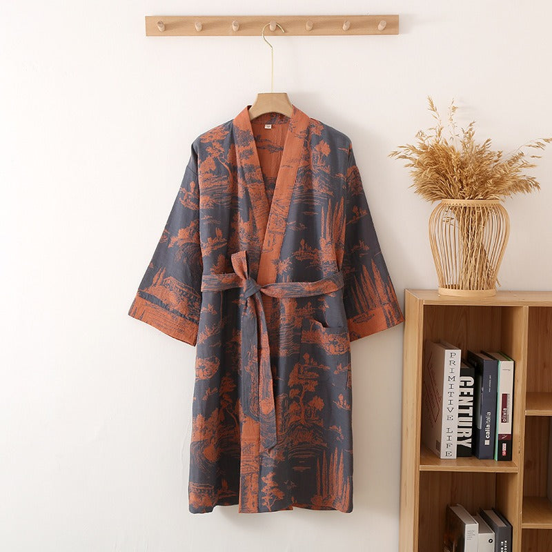 Water washed color woven double-layer jacquard gauze pajamas, men's skirts, medium length bathrobes, sweat steamed clothing
