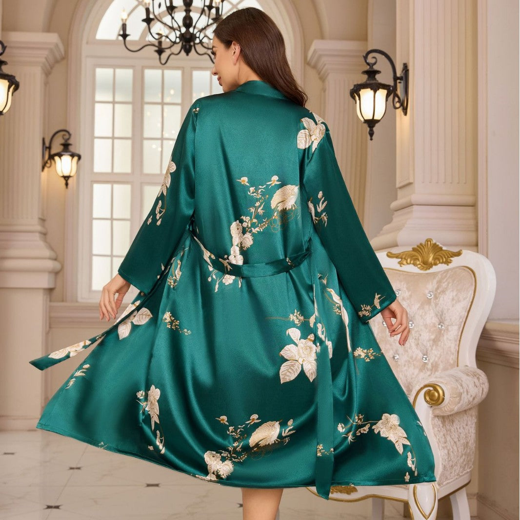 Luxury Ice Silk Robe for Women, Hotel-Style Tie-Up Bathrobe, Summer Breathable Lightweight Printed Long Sleeve Nightgown