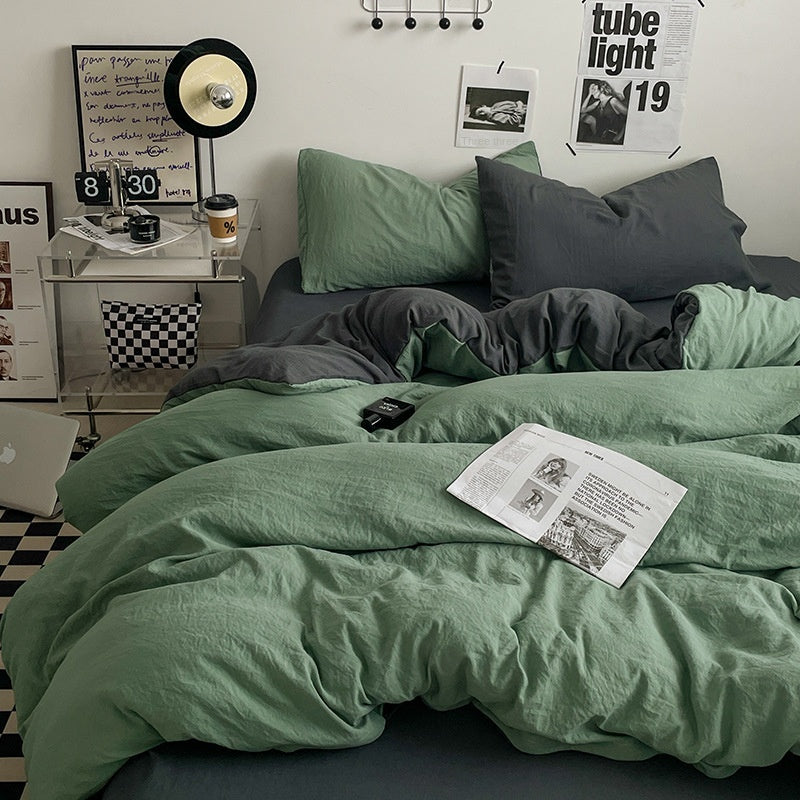 Japanese Solid Color Double Spliced Washed Cotton Four-Piece Set Minimalist Style Quilt Cover Bed Sheet Fitted Sheet Dormitory Bedding Three-Piece Set Wholesale