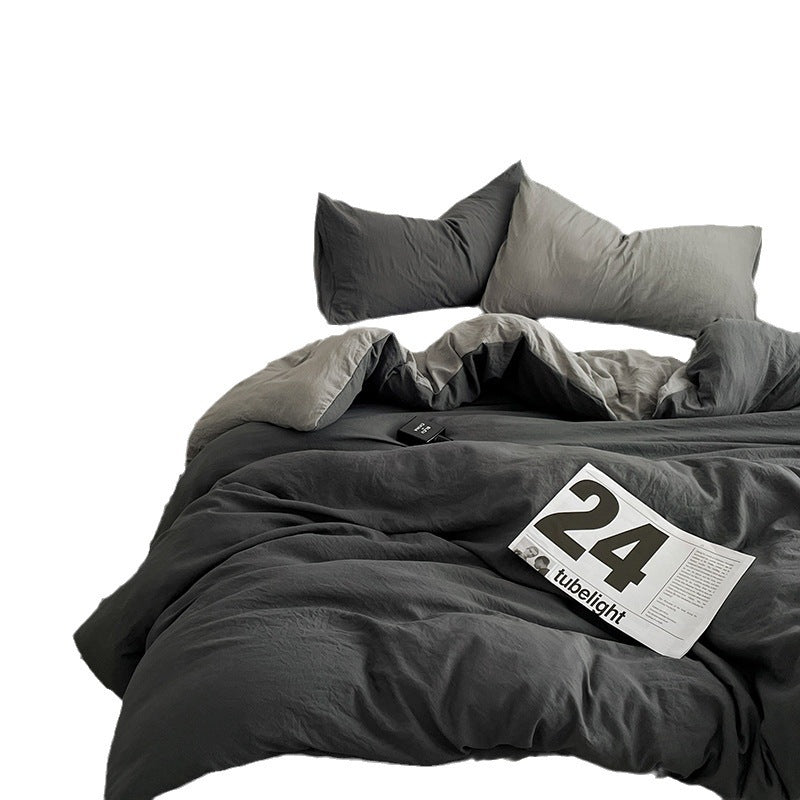 Japanese Solid Color Double Spliced Washed Cotton Four-Piece Set Minimalist Style Quilt Cover Bed Sheet Fitted Sheet Dormitory Bedding Three-Piece Set Wholesale