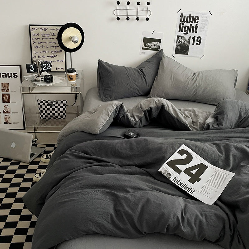 Japanese Solid Color Double Spliced Washed Cotton Four-Piece Set Minimalist Style Quilt Cover Bed Sheet Fitted Sheet Dormitory Bedding Three-Piece Set Wholesale