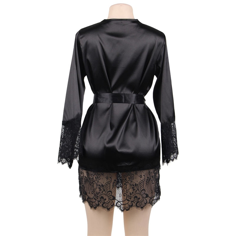 Newest Silk Robe Long Sleeves Lingerie Gowns Lace Patchwork Short Kimono Sexy Bride Robes Wedding