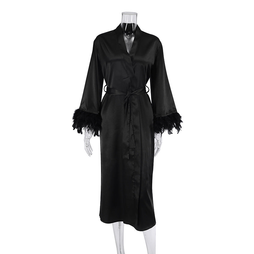 Fashionable Spring Summer Women's Open Front Feather Satin Robe Loose Long  Bathrobe Home Wear
