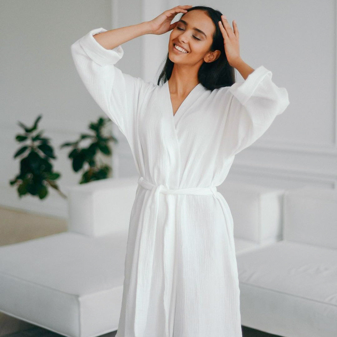 Fashion Pure Cotton Long Sleeve Tied Loose Robe Hotel Bathrobe