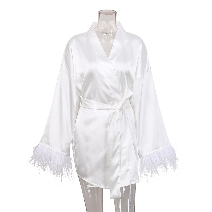 Spring Summer Long Sleeve Feather Satin Robe Open Front Sexy Bathrobe Solid Color French Casual Loungewear for Women